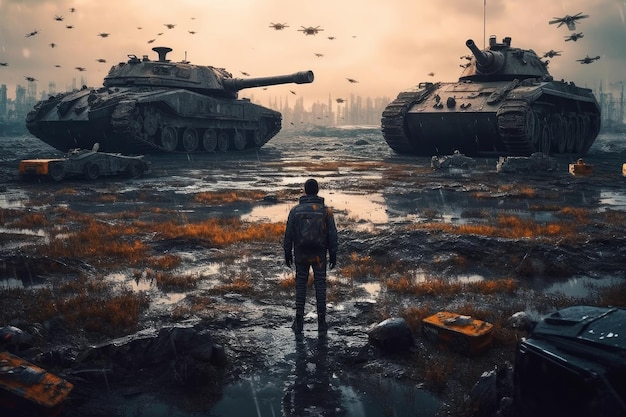 A man stands in a puddle in front of tanks.