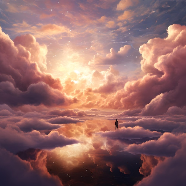 A man stands on a puddle of water and looks at the sky.