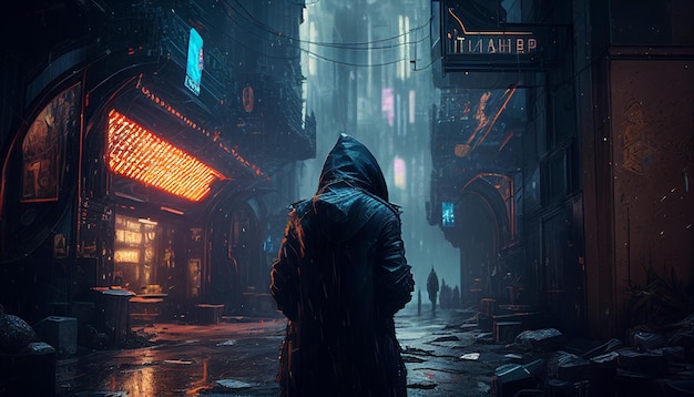 A man stands in the rain in a dark city with a sign that says'the future is now '