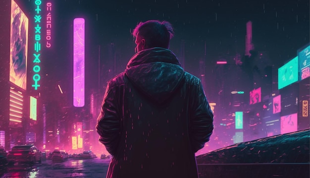 A man stands in the rain in front of a neon city ai generated