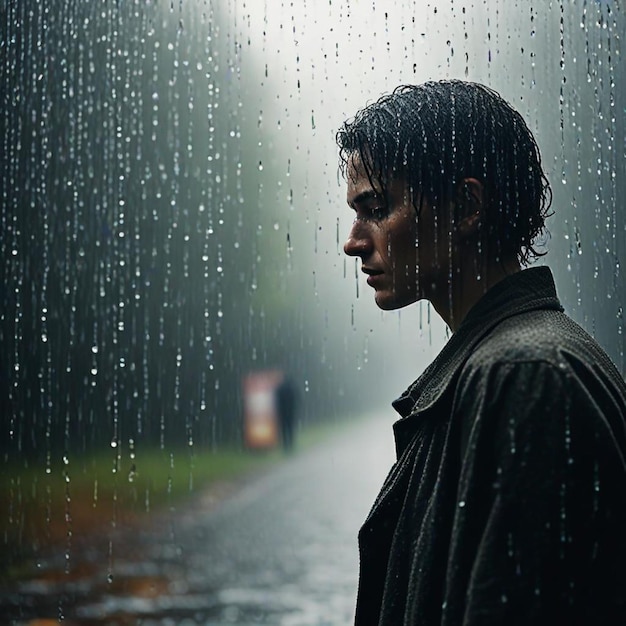 a man stands in the rain in front of a window with raindrops on it