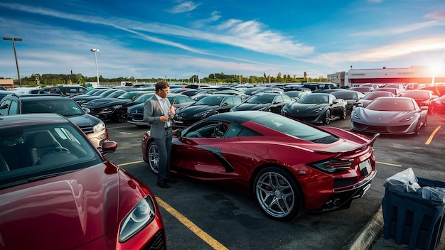 a man stands next to a red sports car with a black roof