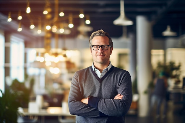 A man stands in a restaurant with his arms crossed.