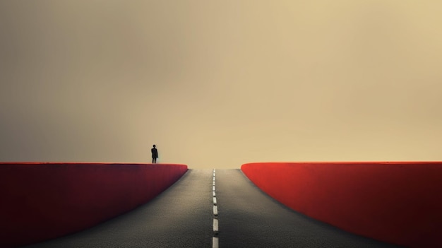 A man stands on a road that has a red bridge in the distance.