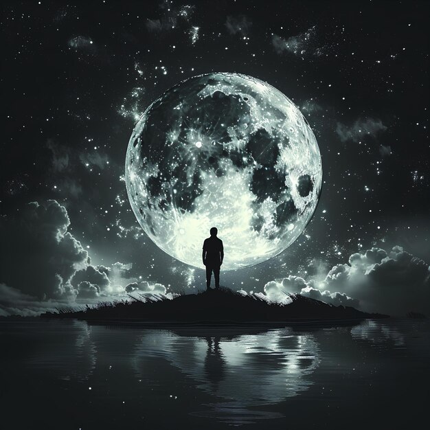 Photo a man stands on a rock in front of a full moon