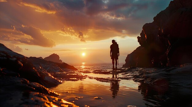 a man stands on a rock in front of a sunset