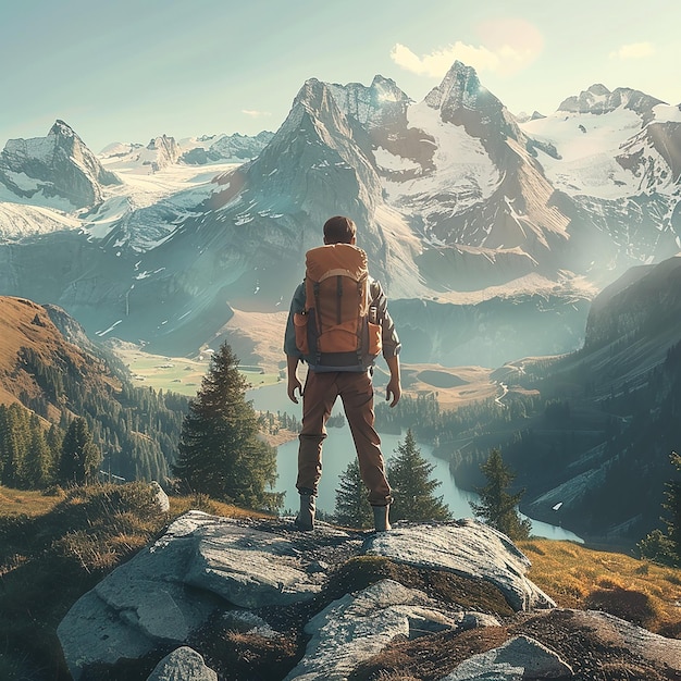 a man stands on a rock overlooking a mountain valley