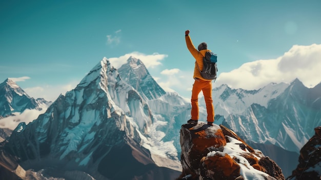 a man stands on a rock with his arms raised above his head