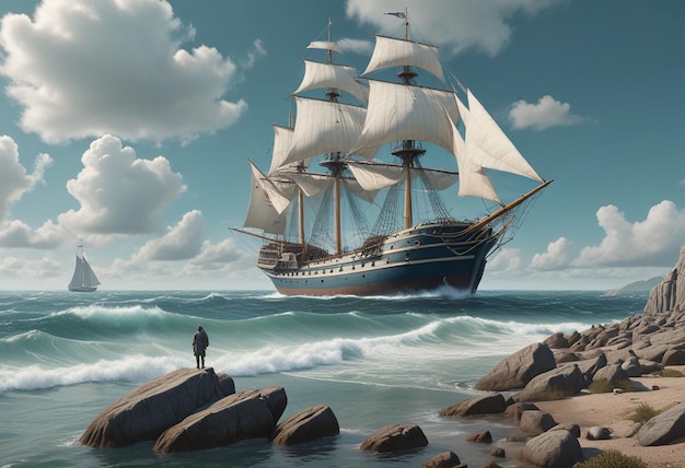 a man stands on rocks near a ship that has the words quot ship quot on it