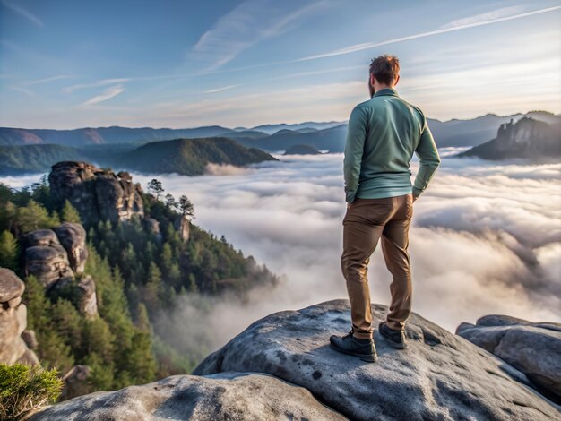 Photo a man stands on a rocky cliff gazing at a breathtaking panoramic view of mountains and a sea of clouds under a blue sky