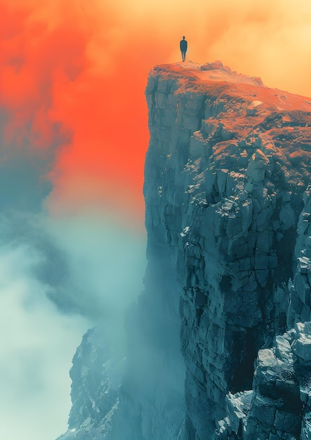 A man stands on a rocky cliff overlooking a beautiful landscape