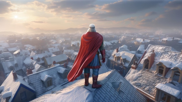 A man stands on a roof looking at a snowy landscape.