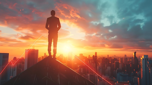 a man stands on a roof and looks at the sunset