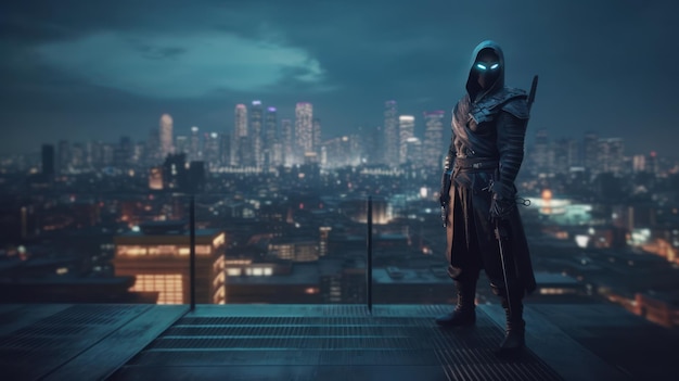 A man stands on a rooftop in a dark cityscape with a city in the background.