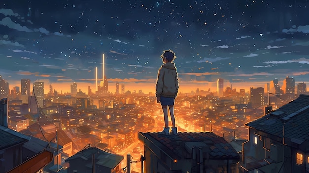 A man stands on a rooftop gazing out over a city light digital art illustration generative AI