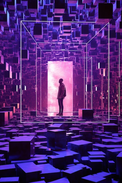 A man stands in a room with cubes and boxes on the floor.