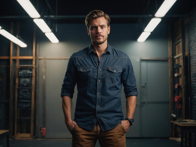 Photo a man stands in a room with a door behind him