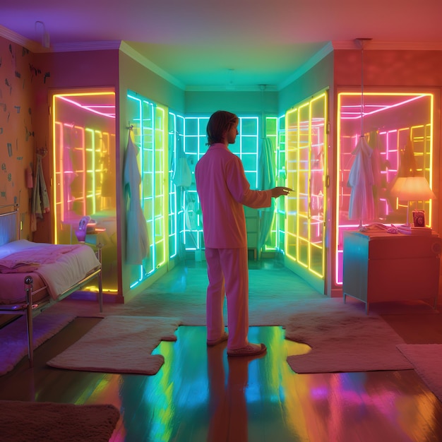 A man stands in a room with a neon light on the wall.