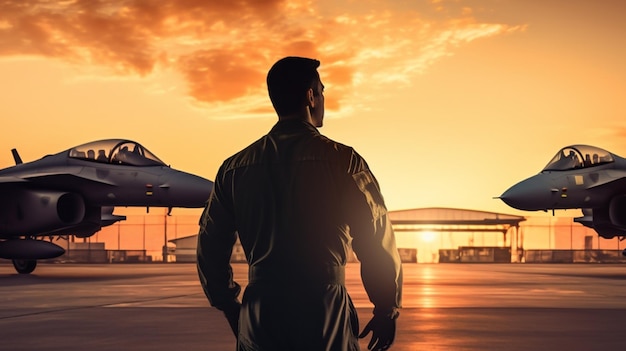 a man stands on a runway with the words " air force " on the back of his shirt.