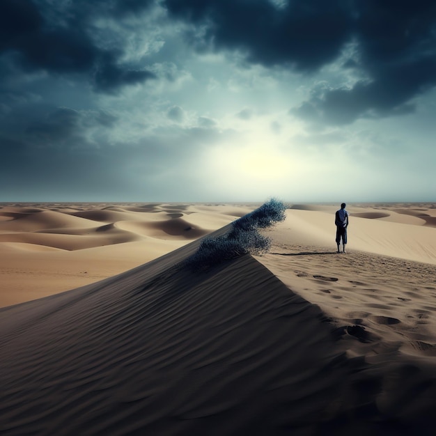 A man stands on a sand dune in the desert.