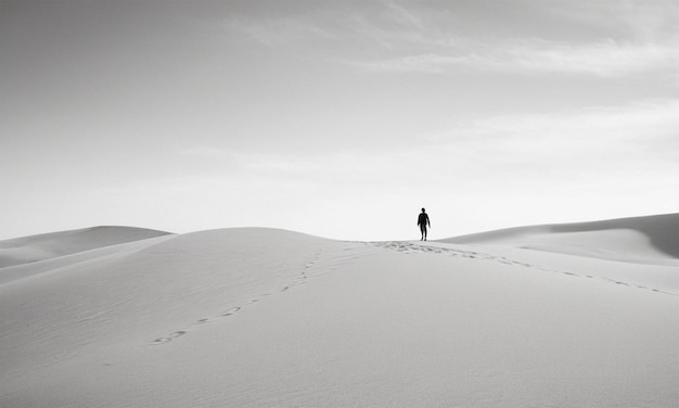 a man stands in the sand in front of a large dune