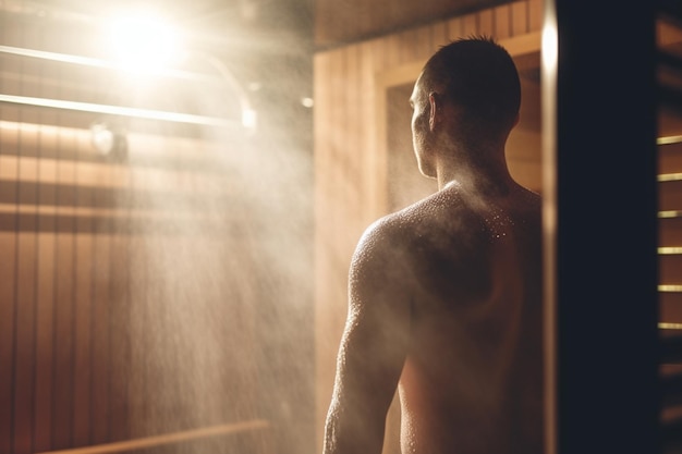 A man stands in a shower with a light on.