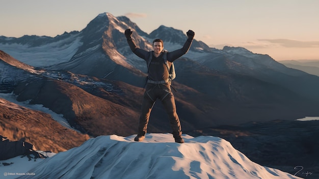 Photo a man stands on a snow covered mountain top with his arms raised