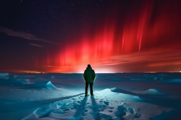 A man stands in the snow looking at the northern lights.