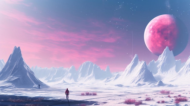 A man stands on a snowy landscape with a pink moon in the background.