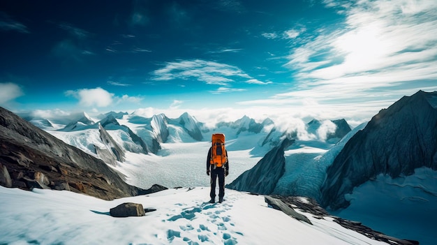 A man stands on a snowy mountain top looking at the mountains.