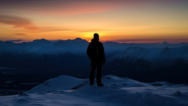 A man stands on a snowy mountain top looking at the sunset.