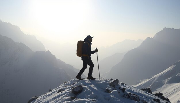 Photo a man stands on a snowy mountain with a backpack on his back