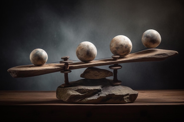 A man stands on a stack of rocks with the balance