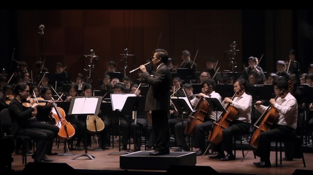 A man stands on a stage with a cello in the background.