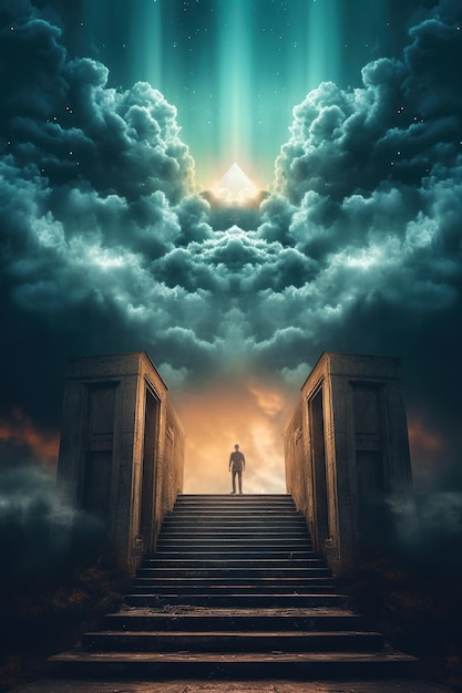 A man stands on a stairway with the sun shining through the clouds.