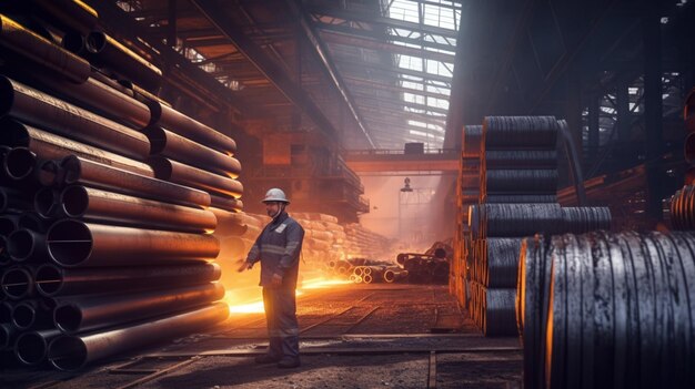 A man stands in a steel factory with a fire in the background.