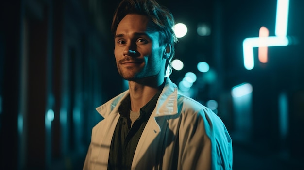 A man stands in the street at night wearing a raincoat and a white jacket.