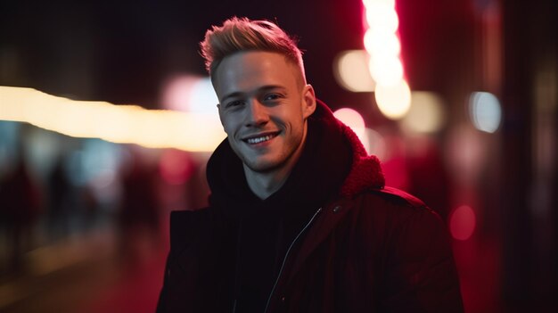 A man stands in the street at night with a red light behind him.