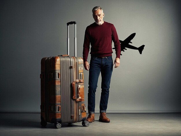 Photo a man stands next to a suitcase with a plane on the top