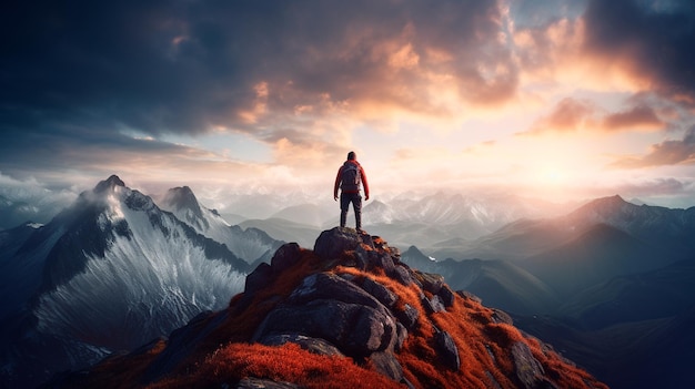 A man stands on top of a mountain