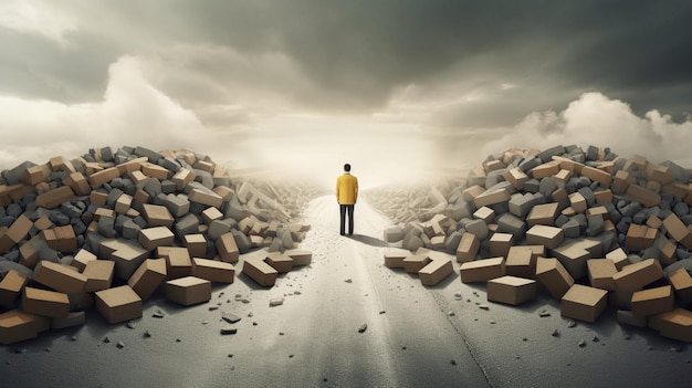 A man stands at the top of a road with a pile of bricks on it.