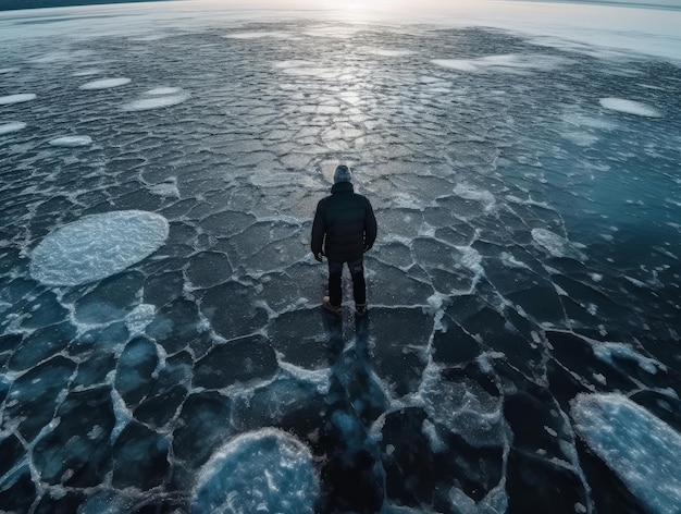 A man stands on transparent ice in antarctica generative AI