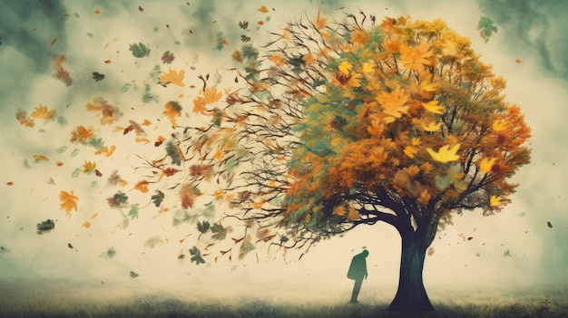 A man stands under a tree with the leaves falling on it as a concept of the passage of time