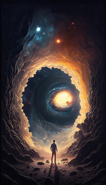 A man stands in a tunnel that has a black hole in it.