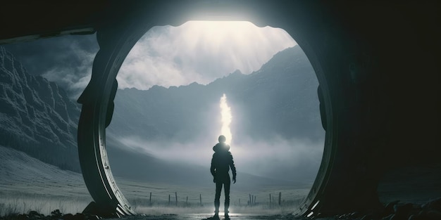 A man stands in a tunnel with mountains in the background.