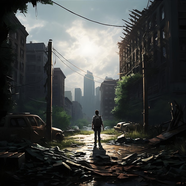 A man stands and watches abandoned destroyed city on wasteland A post apocalyptic ruined city