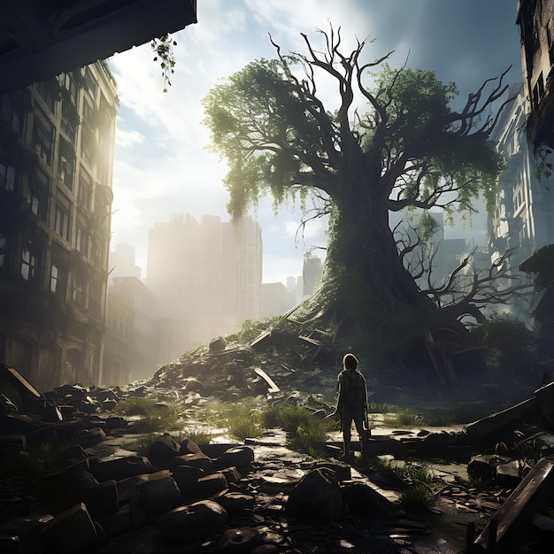 A man stands and watches life tree in abandoned destroyed city A post apocalyptic ruined city