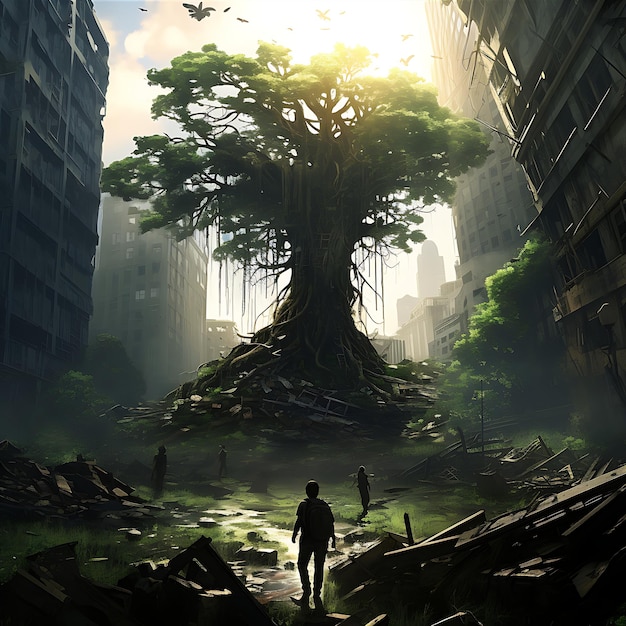 A man stands and watches life tree in abandoned destroyed city A post apocalyptic ruined city