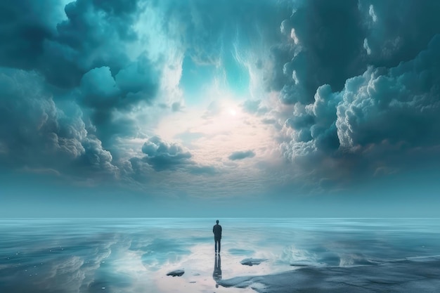 A Man Stands On The Water Against The Blue Sky Generative AI