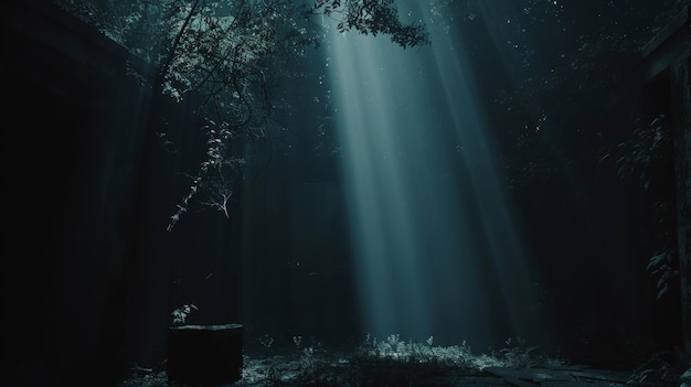 a man stands in the water in the dark with the sun shining through the trees